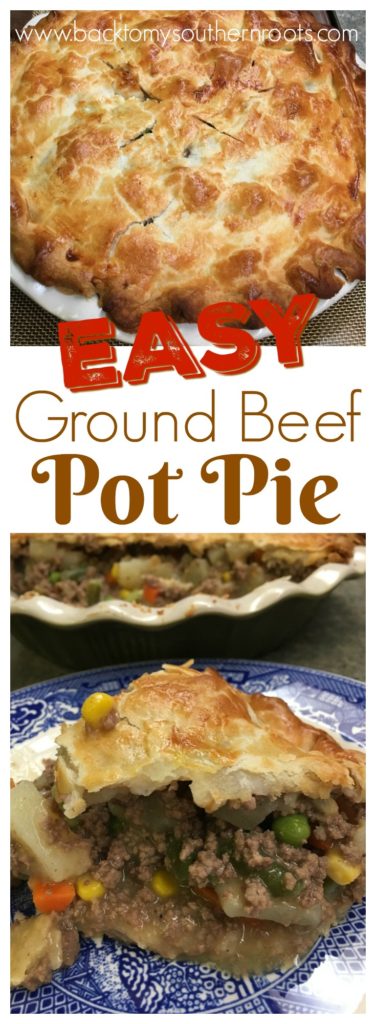 Two pictures of ground beef pot pie on a plate and in a pie shell.