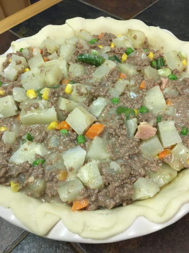 Ground beef, veggies, and potatoes in a pie crust.