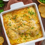 Ritz cracker chicken in a baking dish.