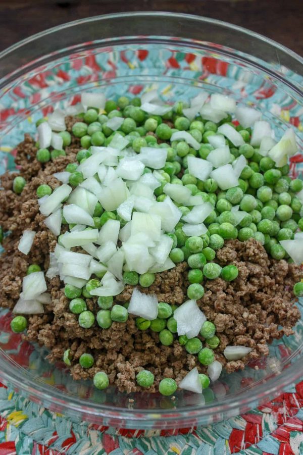 Picture of veggies, and ground beef in a bowl