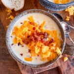 Potato soup in a bowl with shredded cheese and bacon crumbles on top.