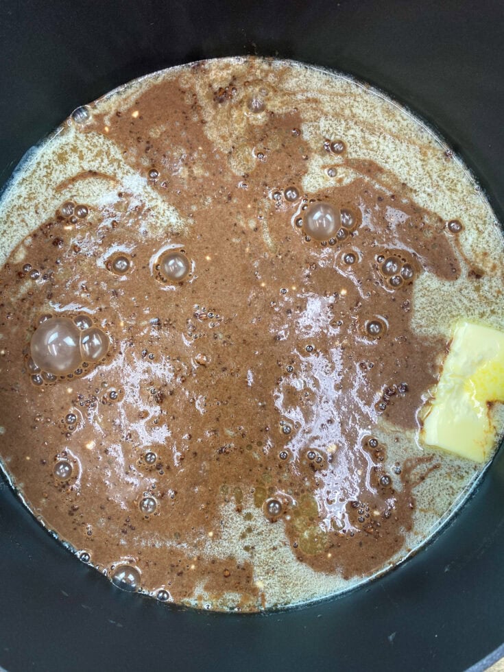 Ingredients for chocolate pie in a saucepan. 