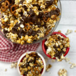 Caramel popcorn with chocolate and pretzels