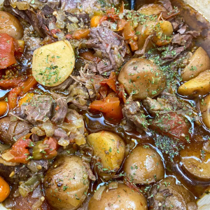 Dutch Oven Pot Roast with Carrots and Potatoes - Feast and Farm