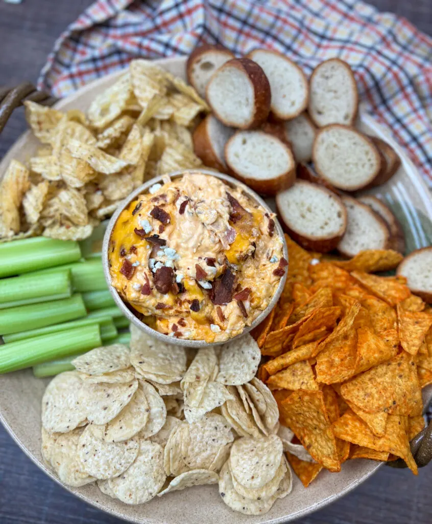Game day food for Super Bowl, chips with buffalo chicken dip and