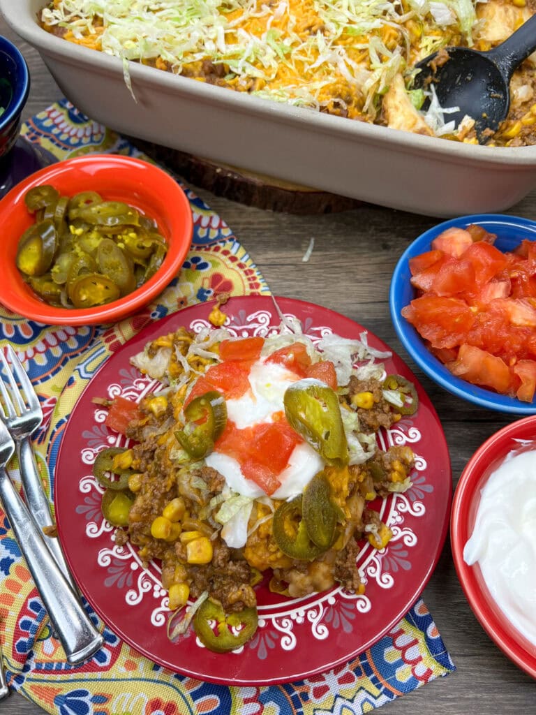 Ground beef casserole with cheese, refried beans and more