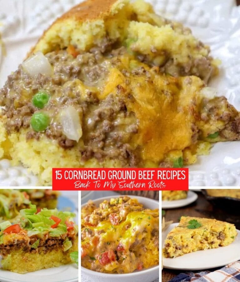 Four different pictures of ground beef casserole with cornbread.