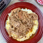 Shredded pork tenderloin on a bed of mashed potatoes. The food is on a red plate.