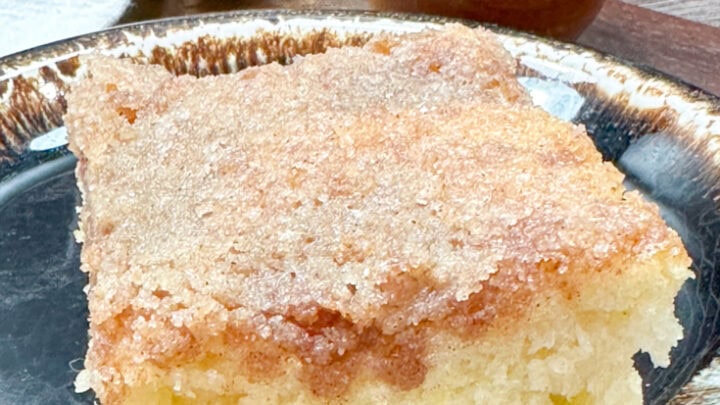 A square piece of coffee cake on a brown plate. There is a tipped over shaker of cinnamon in the background next to a bowl with more ground cinnamon.