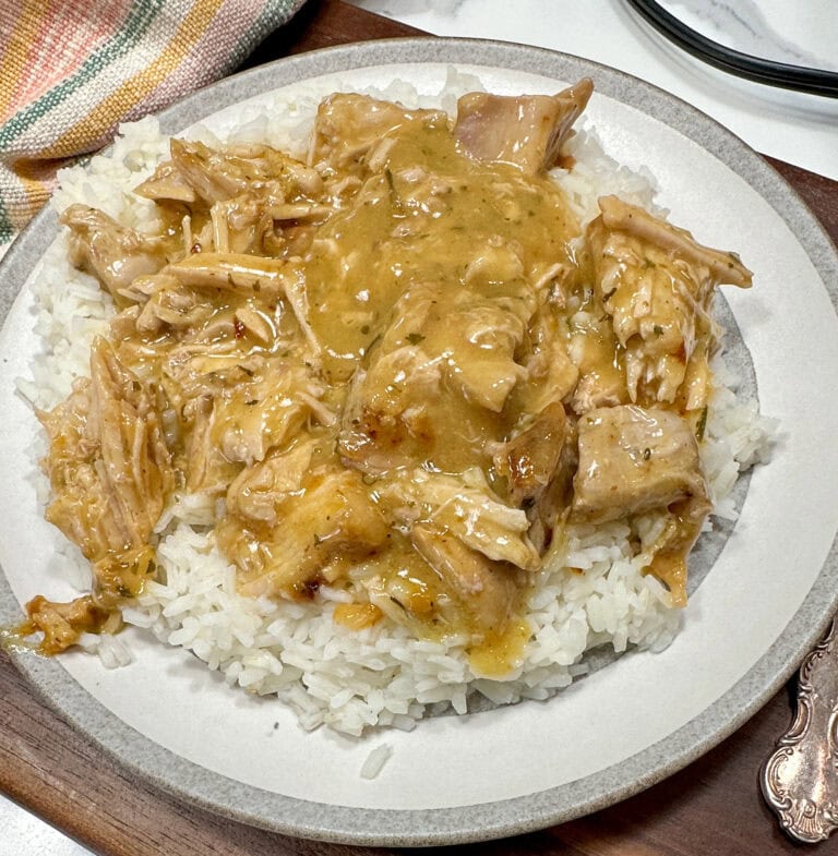 Shredded pork on a plate with gravy on top and sitting on top of white rice.