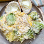 Chicken and broccoli casserole on a plate.