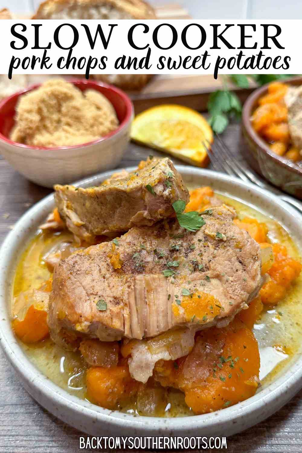 Slow Cooker Pork Chops and Sweet Potatoes - Back To My Southern Roots