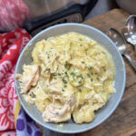 Slow cooker chicken and dumplings in a bowl next to a crock pot.