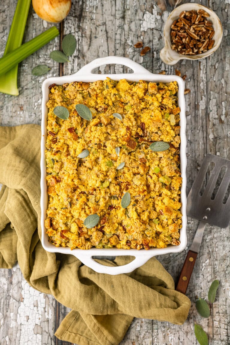 Pecan cornbread dressing on a counter.